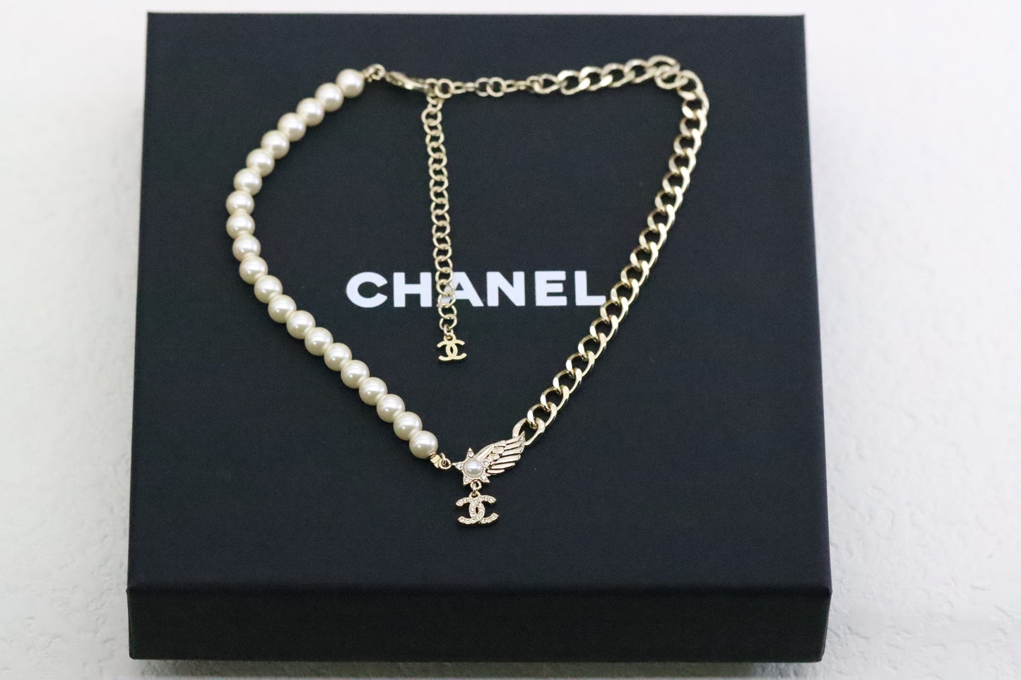 Gold Double C Star Wing Pearl Cuban Chain Necklace