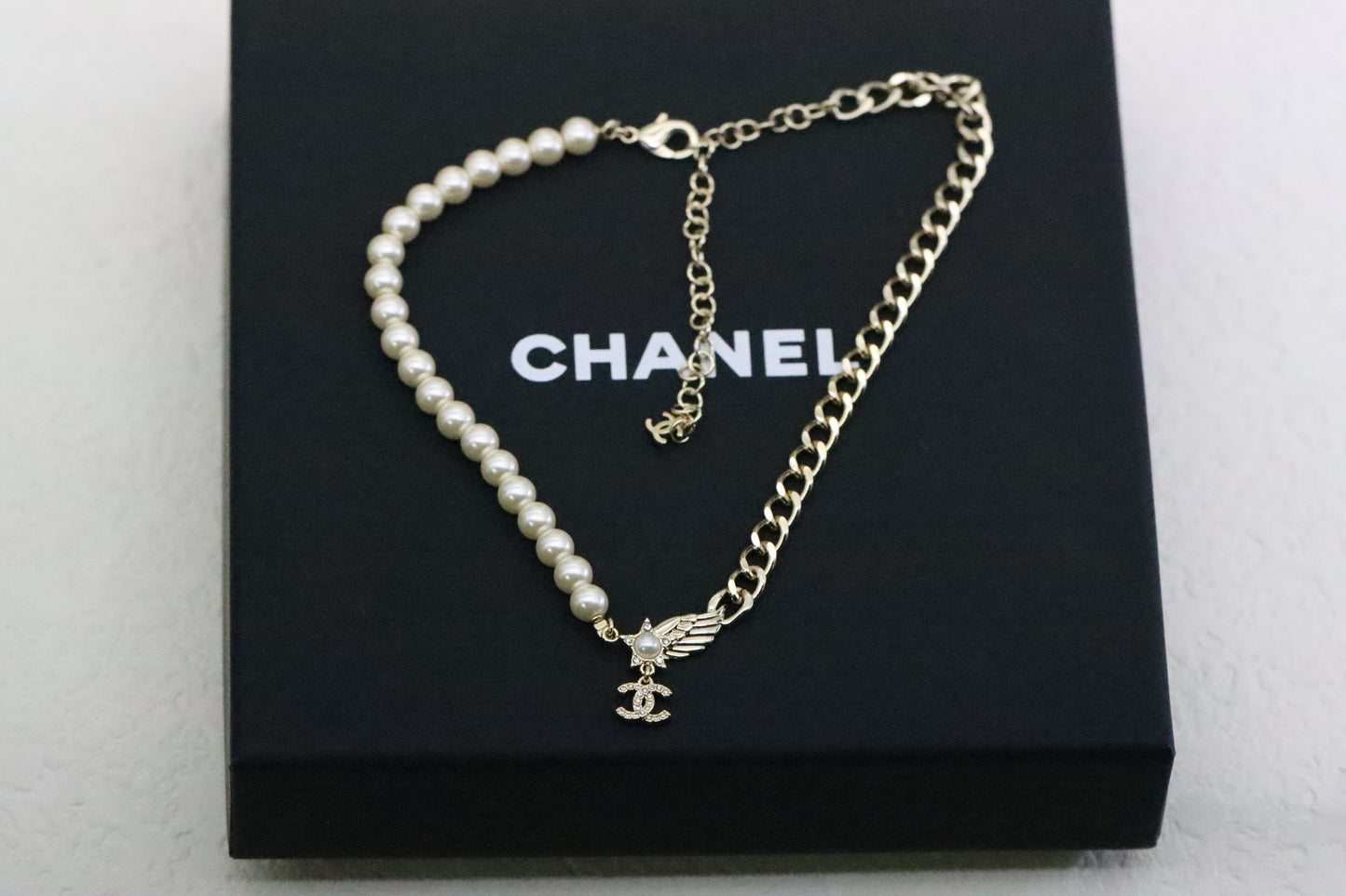 Gold Double C Star Wing Pearl Cuban Chain Necklace