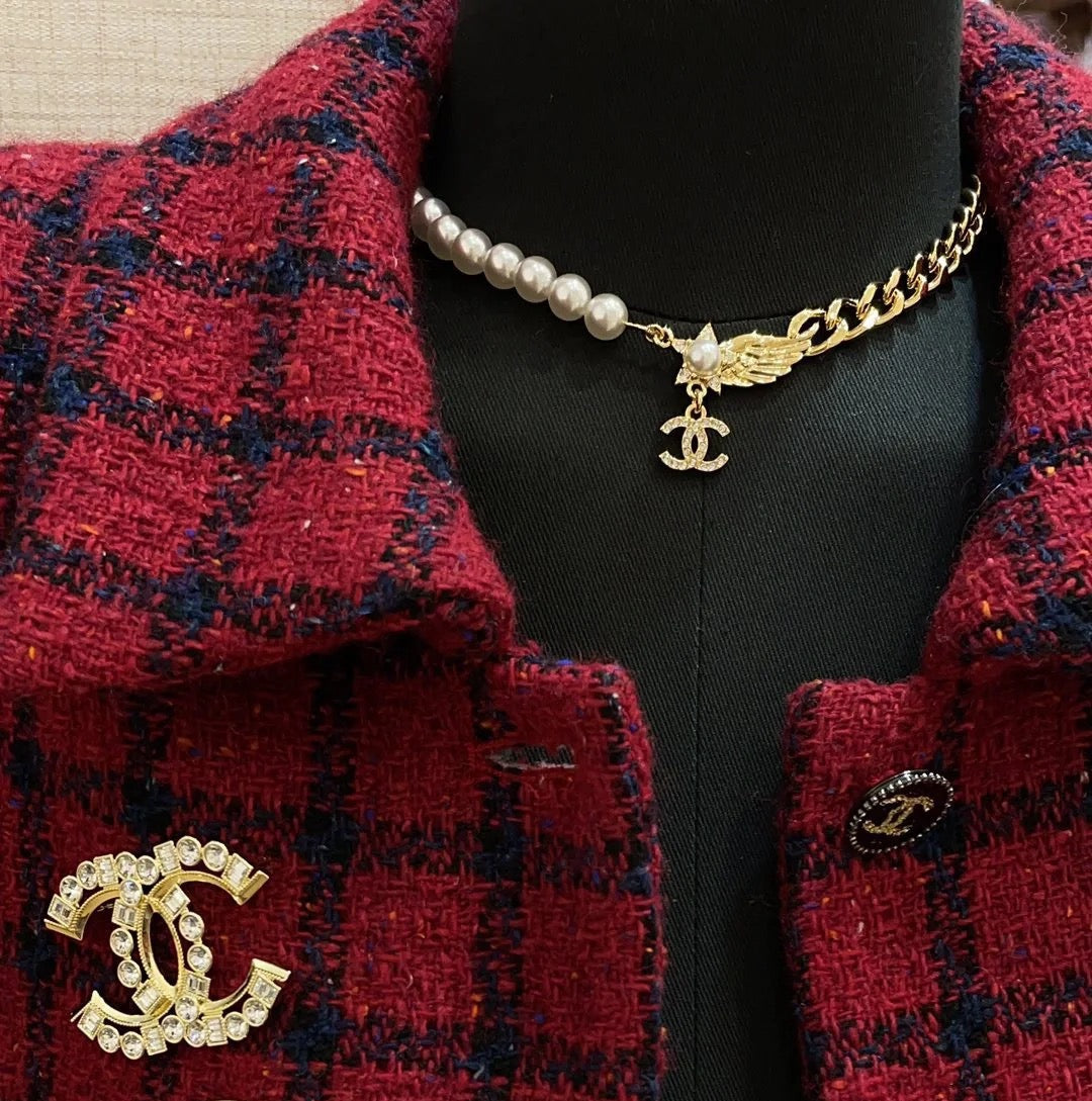 Gold Double C Star Wing Pearl Cuban Chain Necklace