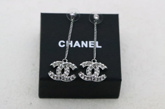 Silver 3D Diamond Double C Tassel Earrings