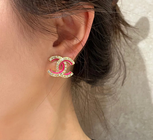 Gold button double c earrings