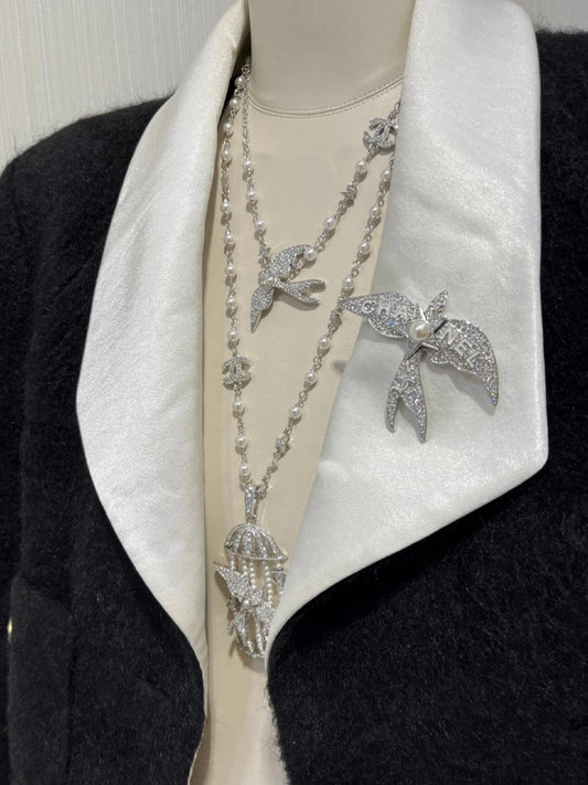 Silver Bird and Star Double C Brooch