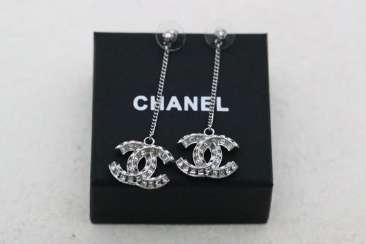 Silver 3D Diamond Double C Tassel Earrings