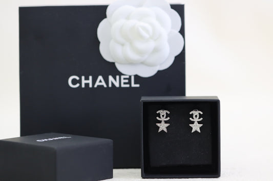 Silver diamond star double C earrings