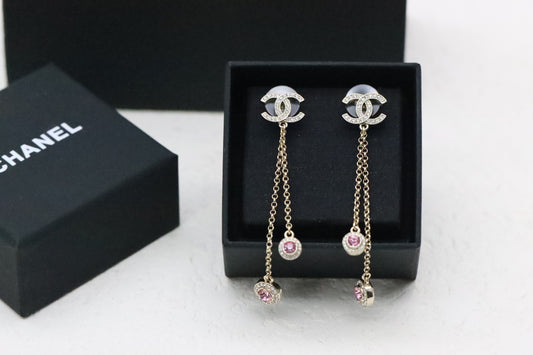 Gold Full Diamond Double C Tassel Pink Diamond Earrings