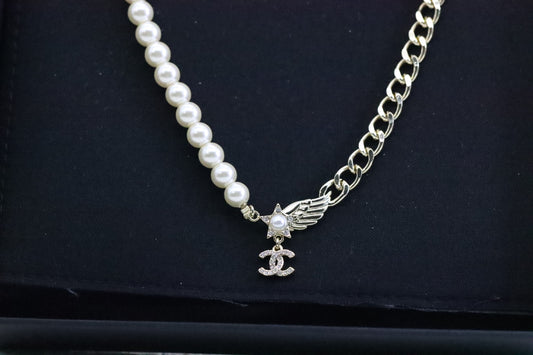 Gold Double C Star Wing Pearl Cuban Chain Necklace