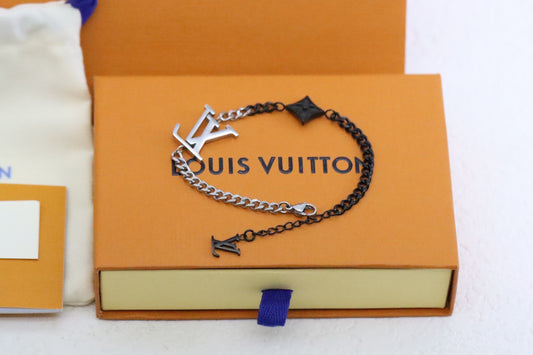 Silver and black floral and letter Cuban bracelet