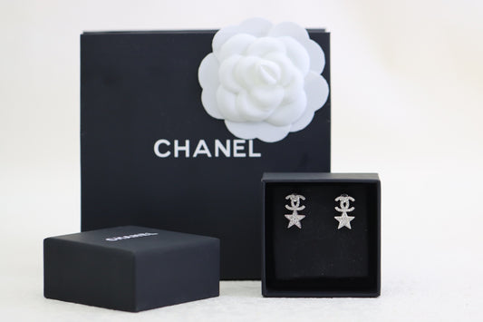 Silver diamond star double C earrings