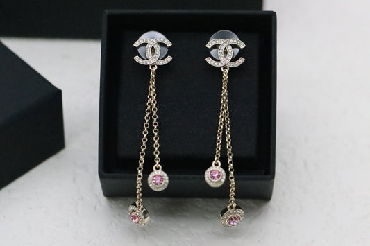 Gold Full Diamond Double C Tassel Pink Diamond Earrings
